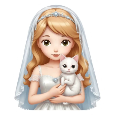 Very dreamy-beautiful-fashionable and elegant-wearing a wedding dress-with a veil-woman-holding a kitten-shiny-ladylike-soft style-kawaii-beautiful-hair-fairy style- sticker