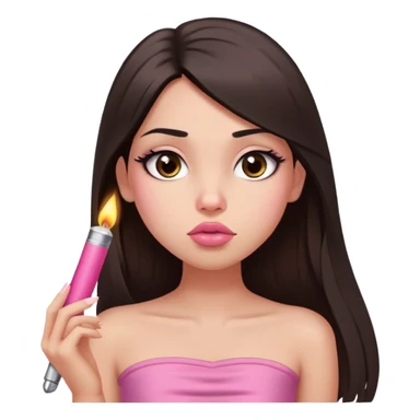girl with lighter skin, dark brown long straight hair, pouty shiny lips without cupid's bow, large eyes, lighter button nose, long oval-shaped face, wearing a pink bandeau top with straight neckline sticker