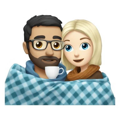Pale blonde girl with blue eyes wearing glasses and pale man with short black hair and beard drinking tea under a blanket sticker