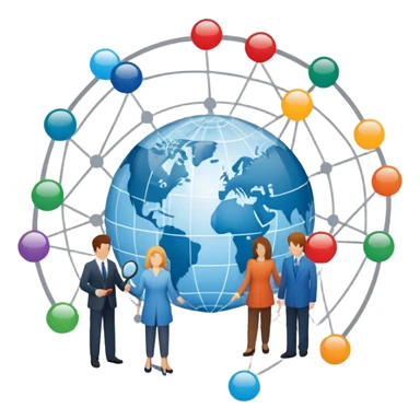 An icon featuring a group of people, a network diagram, and a magnifying glass, symbolizing sociology. The design includes a globe and interconnected lines, representing social structures and relationships. Transparent background highlights the study of societies and human behavior. sticker