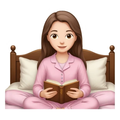 happy white long brunette hair girl with hazel eyes in light pink pajamas reading Pride and Prejudice sticker