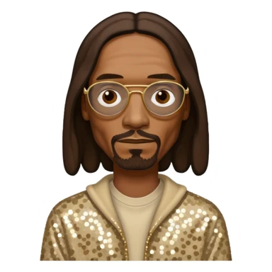 Snoop Dogg with long dark brown hair, beige sequin outfit sticker