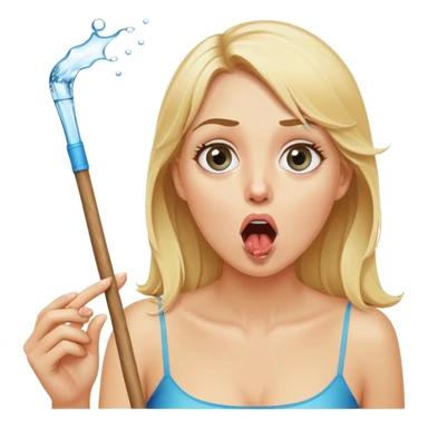blond woman with wide eyes, holding a wide skin-colored stick with a nibble on the edge, water squirting from the stick into her mouth, shocked face sticker