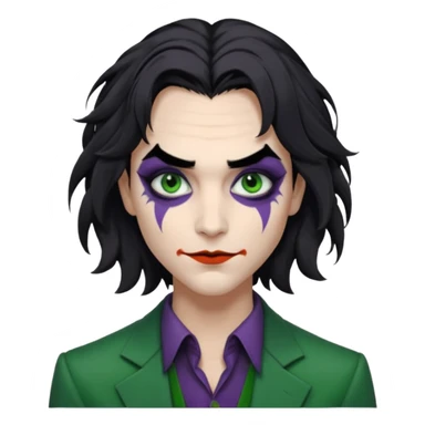 Faça uma pessoa com cabelo preto pouco bagunçado e pouco grande com cara de coringa sticker