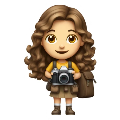 A photographer Girl, with a camera and a backpack ,long soft curl brown hair, White skin, Brown eles, sticker