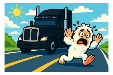 Rotate the black semi truck 45 degrees to the right, keeping the small, scared abominable snowman directly in front of it on a bright highway with a distant view. Maintain the overall scene composition and lighting as in the reference image. sticker