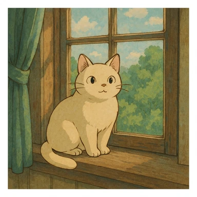 cute cat sitting on a windowsill, ghibli style sticker