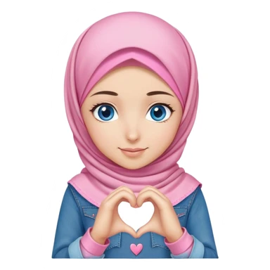 Turkish beautiful finish Konya girl blue eyes with denim and pink hijab islamic dress and making heart with hands and with thank you text sticker