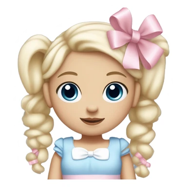 Little  babygirl with White skin, blue eyes. Light blonde hair in two ponytails, with light pink bows.  She is wearing a light pink and White dress, holding a teddybear with a pink bow. sticker
