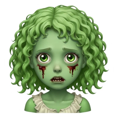 Uma garota zumbi com o cabelo cacheado baixo e mecha descolorida,olho meio grande e bonitos e rosto redondo bem fofinha e linda e com aparência de zumbi verde e meio assustadora com o semblante de cansada sticker