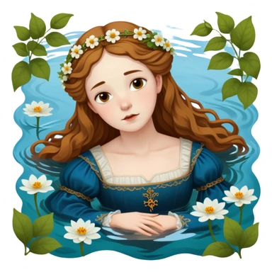 Ophelia from Hamlet floating in water surrounded by flowers, with a tragic expression, wearing a medieval dress, based on Millais painting and Shakespeare's character sticker