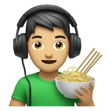 asian guy with green gaming headset eats asian noodels sticker