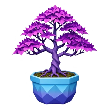 Futuristic alien maples Bonsai hair-fine-leaf group crimson crystal azalea purple and cream blue forest planting in origami style pot  sticker