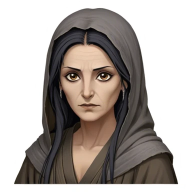 Mirri Maz Duur is a weathered, age 50 Lhazareen woman with deep-set dark eyes, high cheekbones, and a sharp nose, giving her a stern, knowing expression. Her long, unkempt dark hair streaked with gray falls loosely over her shoulders, and her earth-toned, tattered robes mark her as a humble healer. Despite her frail appearance, she exudes an aura of mystery and menace, her hands stained with herbs and blood from both healing and dark sorcery. sticker