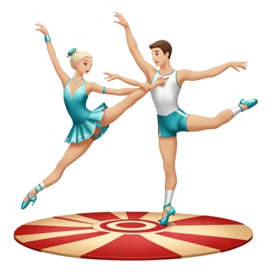 Icon for Sports Dance: a white men and women in competitive attire performing a synchronized dance with acrobatic moves, dance shoes, a rhythmic floor, and a competition backdrop. The icon should capture athleticism, technique, and acrobatic precision. Transparent background. sticker