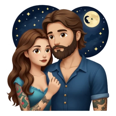woman with long wavy brown hair tattoos and bearded man, she holds his chin, close flirty stare, moonlight glow sticker