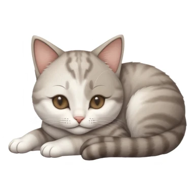 grey and white small cat with eyes closed lying down upside down with its head resting own paw sticker