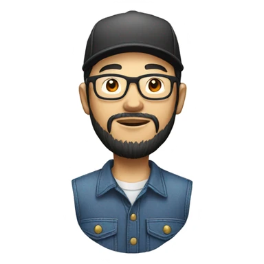 An Asian man with a beard and glasses, wearing overalls over a button-up shirt and a dark cap with a red letter "M" design sticker