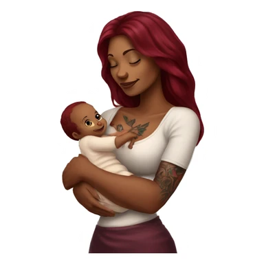 Beautiful tattooed burgundy long haired woman holding a baby sticker