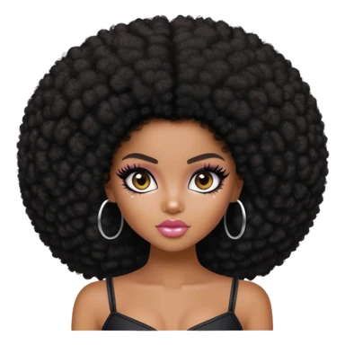 pretty bratz girl, dark black big afro, dark brown eyes, y2k fashion, black eye v liner, dark skin sticker