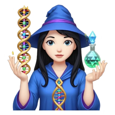 Female wizard with black hair holding a double helix DNA one hand and a methyl group in the other sticker
