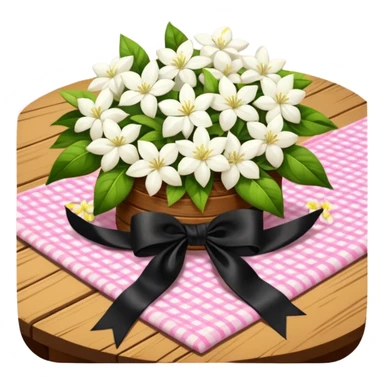 A lush bouquet of white color Jasmin black satin ribbon, resting on an antique wooden table, with a pale yellow and pink plaid pattern table cloth sticker