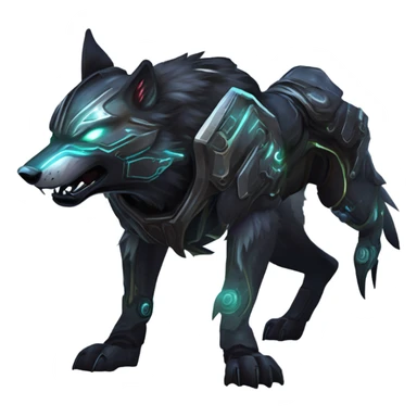 Warframe-inspired wolf Warframe with sleek biomechanical armor, a snarling wolf-like helmet, glowing eyes, and clawed gauntlets. Dark metallic colors with glowing energy lines, blending feral agility and deadly stealth. sticker
