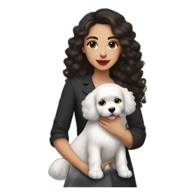 young moroccan woman with dark brown eyes, dark long curling hair, red lips, a black dress, a stethoscope around the neck and a white cotton of tulear dog named Fidji on her lap sticker