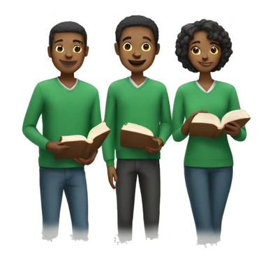 three people in green clothes holding books sticker