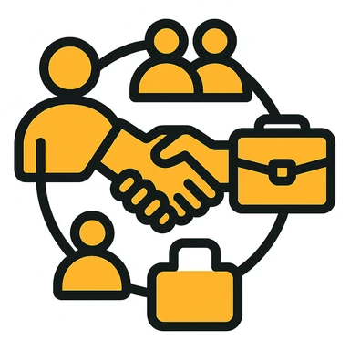 abstract minimal logo design, Volio logo centered, orange-yellow dominant colors, modern HR symbols person, group, handshake, briefcase integrated in balanced futuristic tech-style, high contrast, white background, simple professional sticker