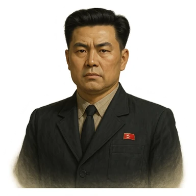 Portrait of a North Korean man, serious and stern, official portrait of a chief engineer at a shipyard, wearing formal dark clothing, neutral background, restrained style, DPRK propaganda style portrait, minimalist, masculine, confident gaze, in the style of Bufo sticker