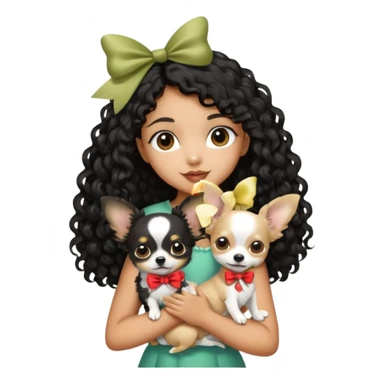 a girl light to medium tan skin with olive skin tone Long black curly hair cut butterfly carrying a white chihuahua dog with a cute ribbon sticker