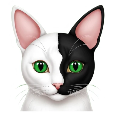 Haz una gata de ojos verdes la cara blanca con mancha negra en las orejas que agarra parte de la frente del lado der pero del iz va desde el ojo hasta la oreja la mancha, tiene la nariz negra en forma de corazón y todo lo que sobra de la cara, barbilla la nariz arriba y el lado de bigotes es blanca sticker