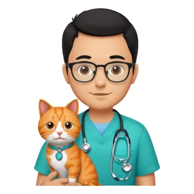Veterinario hombre trigueño con lentes, con cabello negro, y con uniforme veterinario color verde turquesa y estetoscopio  cargando un gato naranja sticker