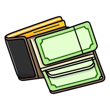 black leather wallet with dollar bills inside and a small clock in top right corner positioned over the wallet sticker