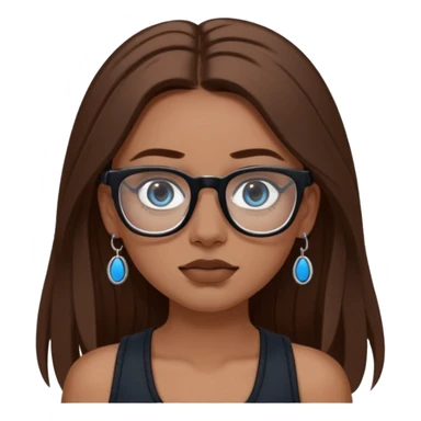 WHITE girl with long brown hair, part going more to the RIGHT side, BLUE eyes, wearing BLACK rectangle plastic frame glasses. SEPTUM nose piercing hoop (at bottom of nose) AND stud nose piercing on right side of nose. Wearing BLACK tank top. sticker