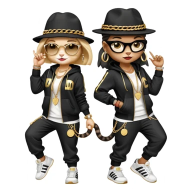 female cat wearing Run DMC hip-hop outfit with tracksuit, fedora, Adidas sneakers, many gold chains, rings, bracelets, flashy earrings, dancing with a friend, no sunglasses sticker