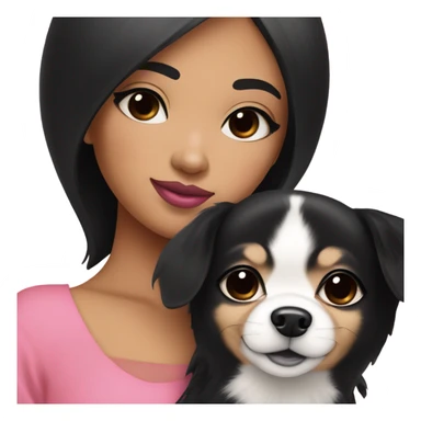 Thick medium black hair with black eyes and pink lip and pink cheek Filipino lady hugging black and white Chihuahua  sticker