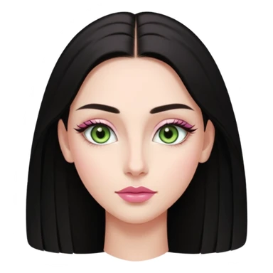 Front-facing portrait of a young woman with fair glowing skin, symmetrical features, light green almond-shaped eyes, long lashes, soft arched brows, straight refined nose, and full natural pink lips. Dark sleek hair pulled back with a middle part.  sticker