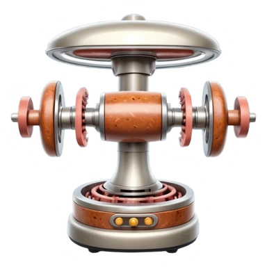 sausage-processing droid. retro-futuristic style. top is a circular industrial meat grinder with rotating gears and blades. Two robotic arms feed material into grinder. Sausage links extrude from the rear like  factory. The body is metallic, compact, and floats above the ground.no legs. Dark humor sticker