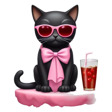 A black cat wearing a little light pink bow, red oval sunglasses, and drinking a cherry cola  sticker
