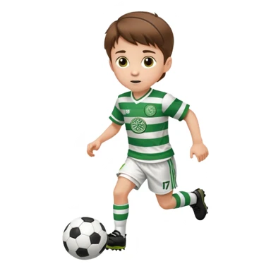 Celtic footballer jersey logo  6 years old brown hair white boy , brown eyes , stripes uniform , RUNNING  with soccer ball # 17 celtic football logo PUT ONLY ONE LOGO ONE CELTIC LOGO ONLY white shorts sticker