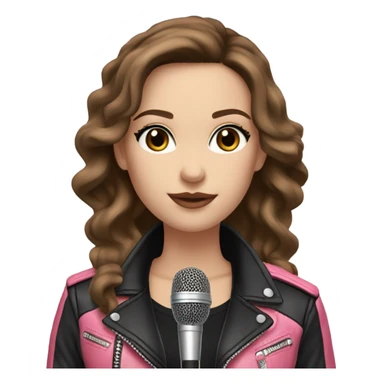 Pretty White Woman, Long Brown Wavy Hair, Brown Eyes, with black eyeshadow Wearing A Pink top and a Black Leather Jacket, holding a microphone  sticker