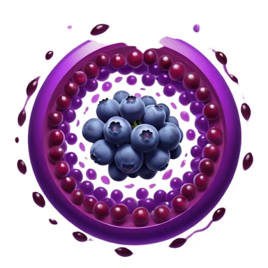 Blueberries, pomegranate, purple grapes, and dark chocolate floating in a bright purple vortex. A glowing shield surrounds cells, dissolving dark shadow particles representing free radicals. The protective light extends throughout the body, showing antioxidants' protective effects. sticker