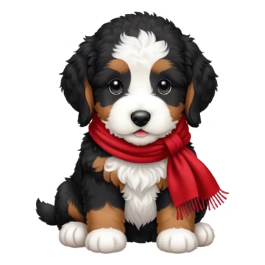 Black and white bernedoodle puppy with a red scarf sticker