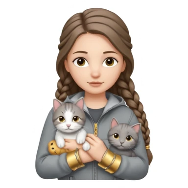 a white girl with long brunette hair in braid that is over her shoulder. shes holding a grey cat. the girl has long lashes and has on a grey zip up that is half way zipped  and under a white shirt and gold jewelry that is gold bracelets. sticker