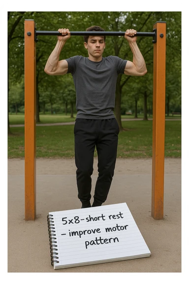 Giovane principiante dello streetlifting in un parco, fisico ancora asciutto, esegue lunghe serie di trazioni senza peso, con tecnica controllata. A terra, un taccuino con scritto '5x8 - riposo breve - migliorare schema motorio'. Espressione concentrata. Luce naturale, atmosfera educativa, senso di costruzione progressiva. sticker