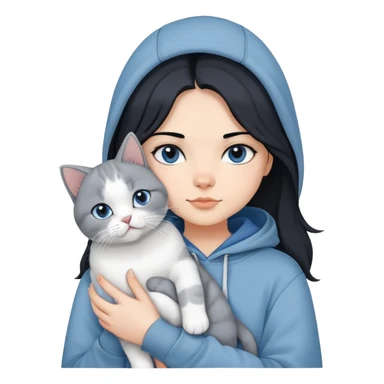 Girl with black hair wearing gray hoodie with a British shorthair blue and white cat and a long-haired blue and white cat sticker