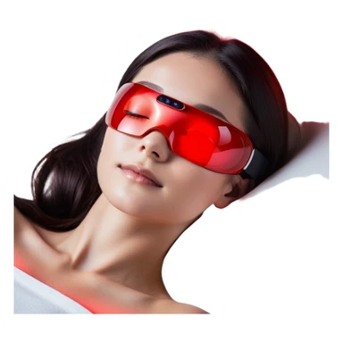 A sleek and modern red light therapy eye massager with a futuristic design. The device wraps gently around the eyes, emitting a soft red glow from its lenses, symbolizing red light therapy. The design should feel premium and high-tech, incorporating smooth, curved edges and a comfortable fit. Small heat waves or steam effects should subtly rise from the device, representing the hot compress function. A calm, relaxed face with closed eyes and a slight smile should be visible, indicating stress relief and relaxation. The background should be minimalistic but convey a sense of self-care and rejuvenation, possibly with soft sparkles or glow effects around the eyes to emphasize anti-aging and dark circle reduction." sticker
