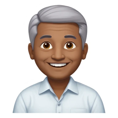 50 yr old indian man, dark skin, grey hair, big smile, white teeth, chubby, no moustache, clean shaven, young style hair, hair brushed back, 5 oclock shadow, bindy, dress shirt, forehead dot, chubby, religious sticker